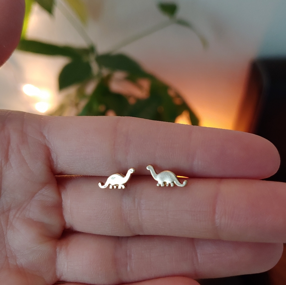 Tiny dino earrings gold tone metal studs